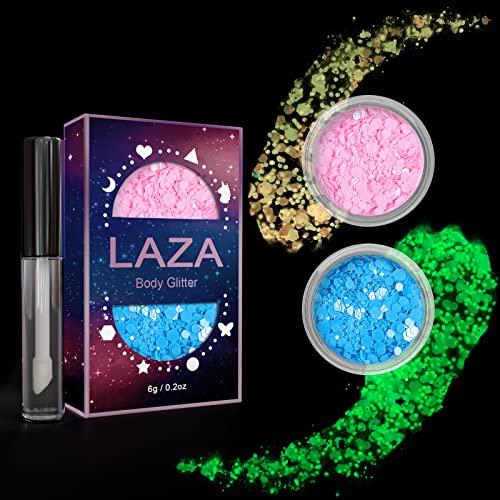 Laza Body Glitter, 2 Jars Chunky Glow in The Glitter Sequins with Glitter Glue Perfect for Women Eyeshadow Makeup Face Paint Festival Rave Outfits Hair Accessories Carnival Party Costumes - Pink Blue