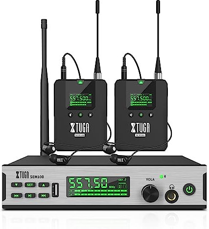 XTUGA Sistema di monitoraggio in-ear stereo senza fili, monitoraggio palcoscenico UHF 2 canali 2 Bodypacks con Bluetooth, distanza di ricezione wireless di 213 piedi (SEM1100)