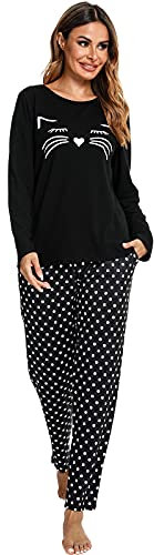 Les-Theresa Ensemble Pyjama avec Chemise À Manches Longues pour Femme,Ensembles de Pyjama avec Motif Chat Imprimé Dessin animé,Pyjama Doux à col Rond pour Femme