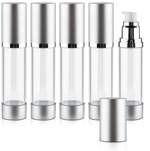 5 Pcs 50ml/1.7oz Airless Pump Bottles Plastic Vacuum Bottle Refillable Lotion Pump Press Dispenser Clear Cream Jar with Silver Lid for Lotion Foundation Cosmetic