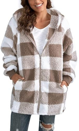 ABINGOO Veste Polaire Zippé pour Femme Chaude Sweats Manteau à Capuche Laine épais Blousons Fourrure Veste à Carreaux Grande Taille Cardigan Casual Mode Hiver Outerwear Ample(Marron,M)