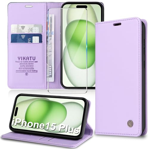 Migexxkj Handyhülle für iPhone 15 Plus Hülle [mit Schutzfolie][Premium PU Leder] Klapphülle Ständer Kartenfach Magnetic Flip Case Cover Etui Tasche Schutzhülle für iPhone 15 Plus 6.7“ (Purple)