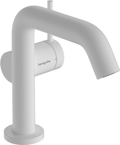 hansgrohe Tecturis S Fine - grifo lavabo sin desagüe, ahorro de energía (CoolStart), grifo monomando lavabo 112 mm, mezclador monomando lavabo ahorro de agua (EcoSmart+), blanco mate, 73321700