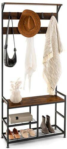 GOPLUS Garderobenständer mit Sitzbank, Kleiderständer mit 9 Haken und Schuhregal, Garderobe Flurregal für Flur, Schlafzimmer, Wohnzimmer, Vintagebraun Schwarz, 84 x 30,5 x 183 cm