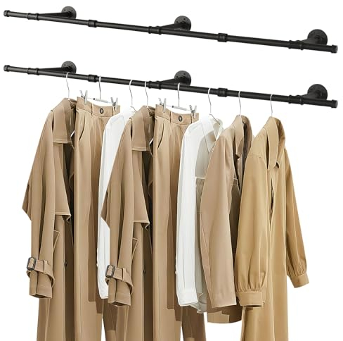 YheenLf Kleiderstangen Industrial, 2er Set, 150cm Kleiderstange Wandmontage, Platzsparenders Garderobenständer, küchenregal wand, Einfache Montage, wandhalterung kleidung, Schwarz