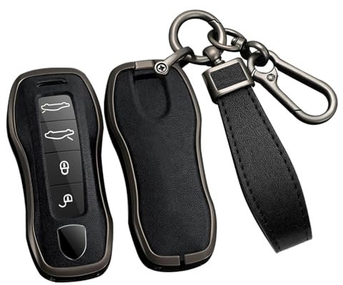 ontto Coque de Protection pour clé - Convient pour Porsche Cayenne Macan Panamera Taycan 718 911 971 2020-2024 - en Cuir synthétique - Porte-clés de Voiture - 3/4 Boutons - Noir