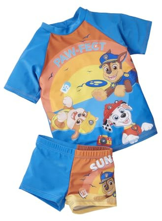 United Labels Paw Patrol Maillot de bain 2 pièces avec protection UV 50+ pour garçon, bleu, maillot de bain pour enfant avec t-shirt et pantalon, maillot de bain, bleu, 122-128