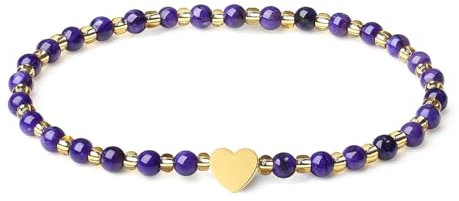MetJakt Handgemachter Naturstein Perlenarmband 4MM Mini Stretch Armband Energiearmbänder 18k vergoldet Herz Armbänder für Damen Damenschmuck Echtes (Gefärbtes Charoit)