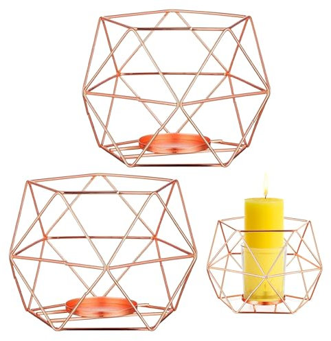 Juego De Candelabro De Línea Geométrica Juego De 2 Portavelas Geométricos Tealight Portavelas Oro Rosa Portavelas Geométricos De Metal para Dormitorio, Baño, Ventana, Mesa(10 X 13 Cm)