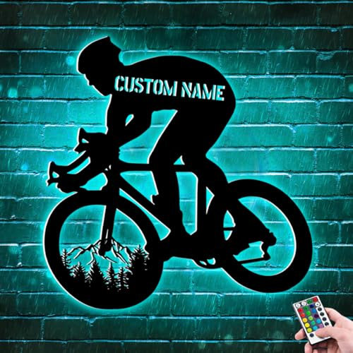 ALICESER Personalized Mountain Bike Metal Wall Art LED Light, Custom Bicycle Name Sign with 16 Colors Change & Remote Control, Riding Bicycle Metal Wall Art for Biker Xmas Birthday Gifts (Style 1)