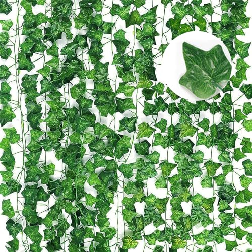 Lot de 12 guirlandes de lierre artificiel - Décoration de chambre - Lierre vert - Décoration à suspendre pour cuisine, mariage, balcon, jardin, fête