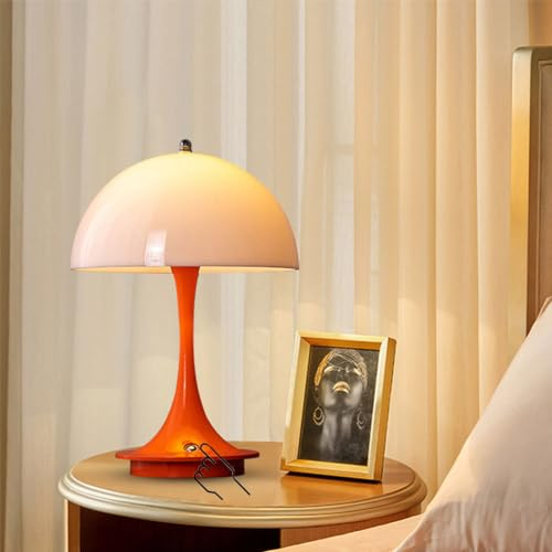 Orange Pilz Tischlampe Kabellos Dimmbare Touch LED Akku Tischleuchte Aufladbar Pilz Lampe Schreibtisch Lampe Acryl Lampenschirm Nachttischlampe Leselampe ohne Kabel für Schlafzimmer Restaurant Bar