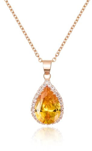 Linawe Citrine Crystal Chain Necklace for Women, Imitation Diamond Pendant Rose Gold Preppy Necklace, Yellow Cubic Zirconia Rhinestone Teardrop Boho Vintage Jewellery Set