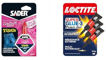 Sader Colle Spéciale Couture Finis les Ourlets – Colle Tissus et Textiles : Jeans, Cuir, Coton & Loctite Super Glue-3 Power Gel Mini Dose, colle forte enrichie en caoutchouc, mini-dose de colle gel