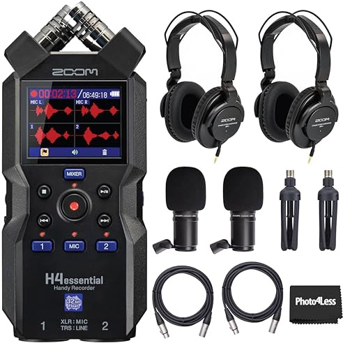 Zoom H4essential 4-Track Handy Recorder Bundle with 2x Zoom ZDM-1 Podcast Dynamic Microphone, ZHP-1 Headphones, TPS-4 Tripod, Windscreen, XLR Cable
