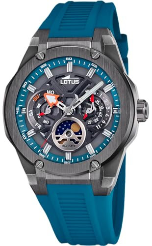 Lotus Uhr für Herren 18946/2 Vortex mit Mondphasenanzeige – Schwarzes Edelstahlgehäuse, Blaues Silikonarmband