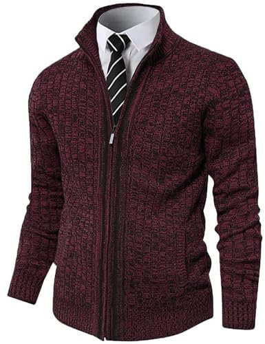 Cardigan Homme Automne Hiver Ouvrez-Front Zippé Gilet Veste Tricoté Chaud Coupe ajustée Col Droit Manche Longue avec Poches Vin Mélangé XL