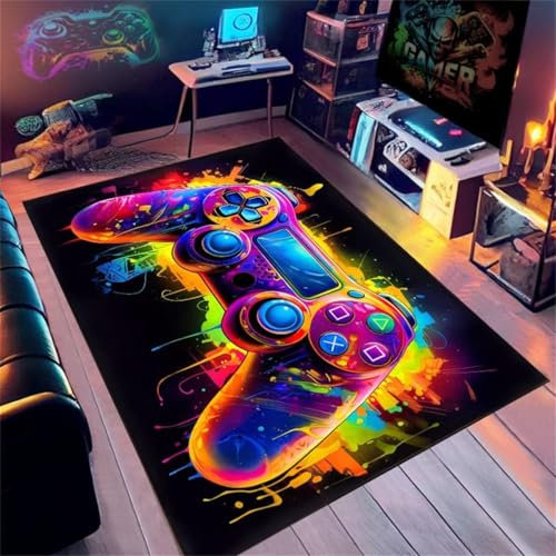 Gaming Bereich Teppich Teener Zimmer Home Decor Anime Cool Neon 3d Graffiti Gamepad Gedruckter Teppich Doppelt Gamer Spiel-teppich Fürs Jugendzimmer Wohnzimmer Sofa Teppich (Graffiti,140x200cm)