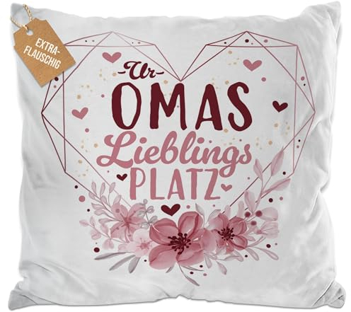 PR Print Royal Kissen für Uroma - Uromas Lieblingsplatz - Persönliches Geschenk für Uroma zum Geburtstag, Muttertagsgeschenk | inkl. Füllung, 40 x 40 cm, Weiß flauschig