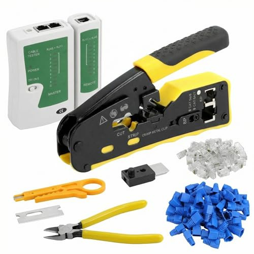 QWORK® RJ45 Crimpzange Set - Netzwerk Werkzeug für CAT5/CAT6/CAT7 Netzwerkstecker, inkl. 50x Cat6-Stecker, Cat6-Anti-Ein-Einstell-Schutz, Abisolierzange und Netzwerk-Inspektionswerkzeug