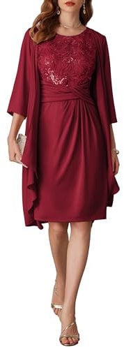 GRACE KARIN Women 2 Pieces Elegant Wedding Outfits Dress Suit Sequin Dress+3/4 Sleeve Chiffon Cover Up Burgundy Red Size 14