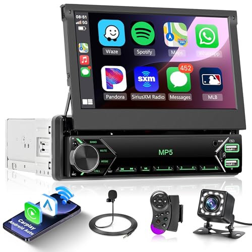 Rimoody 7'' Flip Out Touch Screen Single Din Car Stereo Wireless CarPlay, Car Radio 1 Din with Android Auto Bluetooth FM Radio TF/USB/AUX + Rear View Camera