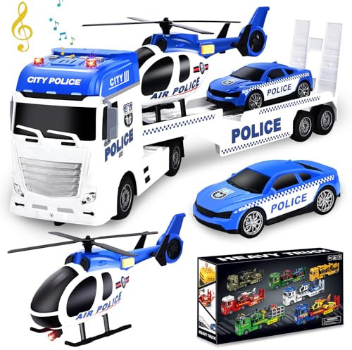 Herefun 3 in 1 Camion Polizia Giocattolo per Bambini, Grande Trasportatore Con Elicottero e Macchina da Corsa, Regalo per Ragazzi 3-6+ Anni