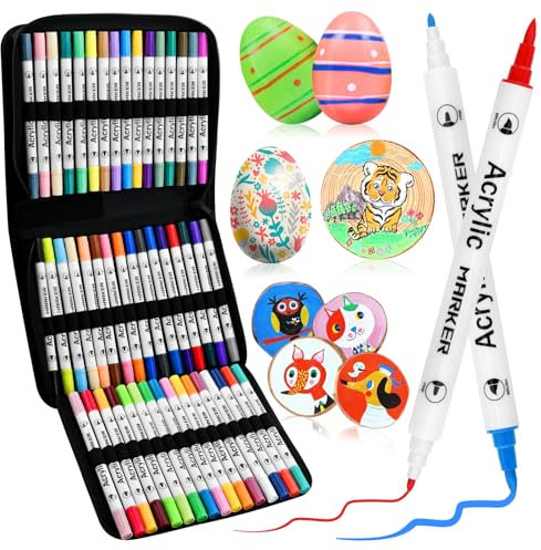 48 Colors Acrylic Paint Pens, Dual Tip Paint Markers Brush & Fine Tip, Art Paint Marker Pens for Colouring, Quick-Drying Waterproof Acrylic Markers for Painting, Stone, Wood, Pebble, DIY Crafts
