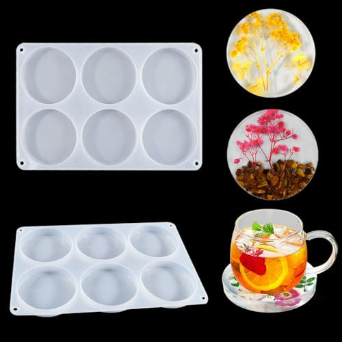 FineInno 6 PCS Moule Resine Epoxy,Moule Dessous de Verre Silicone,Coaster Resin Mold,Décoration Maison Moule Coulée Résine Moulage DIY Outils (round)