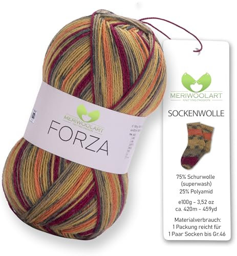MeriWoolArt® Sockenwolle 4-fädig – 100g Merino Wolle Garn zum Stricken & Häkeln, 75% Schurwolle (superwash), 25% Polyamid, 420m – Ideal für Socken für Herren und Damen, Pullover & Cardigans 2509