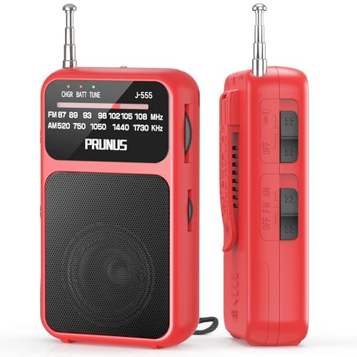 PRUNUS J-555 AM/FM/UKW Radio Klein, Kleines Radio mit Akku, USB-C-Laden, Miniradio Batteriebetrieben per AAA-Batterien mit Rückclip & Lanyard zum Joggen, Camping, Stromausfall. (Rot)