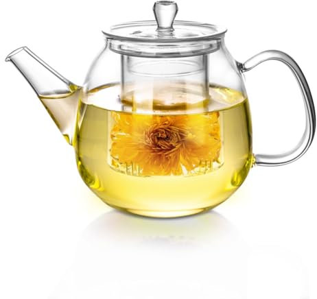 Glass Teapot with Removable Clear Infuser, Ehugos 800ml/27oz Heat Resistant Borosilicate Glass teapot Blooming and Loose Leaf Tea Maker, Microwave & Dishwasher Safe