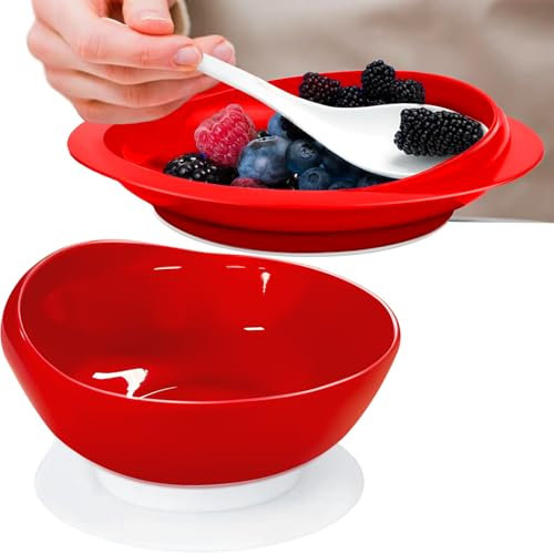 Spill Proof Scoop Plate and Bowl with Non-Skid Suction Base, Adaptive Self-Feeding Dinnerware for Elderly and Disabled(Red)