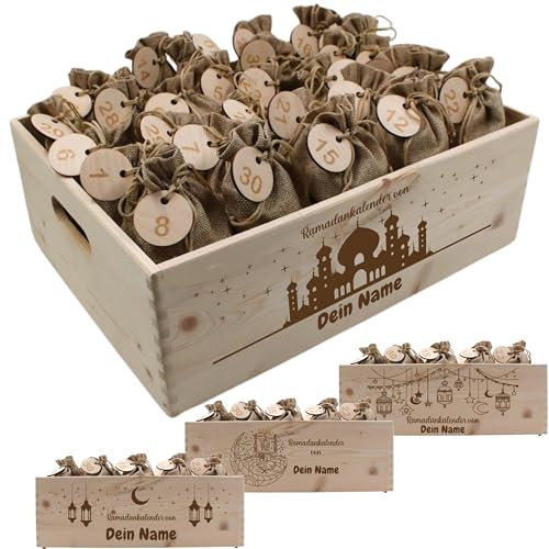 Personalisierter Ramadankalender Box aus Holz – Eid Mubarak Ramadankiste mit Wunschname, ideal zum Befüllen für Ramadan Kareem und das Zuckerfest(Ramadankalender von, XL Kalender)