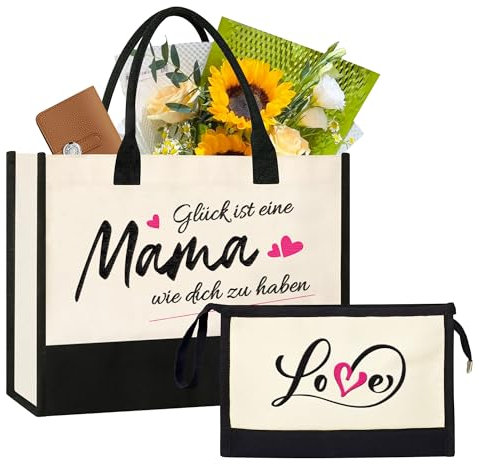LYLIDIA 2 Stück Canvas Tote Bag mit Stickerei - Glück ist. Einkaufstasche Groß und Klein Kosmetiktasche Muttertag Shopper Bag Mutter, Geschenke Geburtstagsgeschenk Muttertagsgeschenke für Mama Tasche