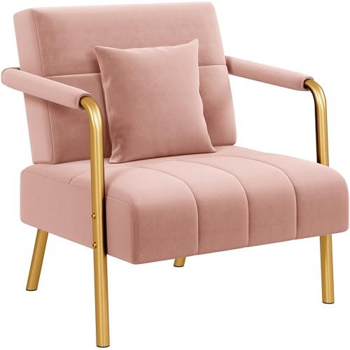 Abician Fauteuil de Salon en Velours Chaise d'appoint Relaxation avec Coussin Carré Fauteuil de Relax Cadre en Métal Doré pour Chambre à Coucher Salle d'attente Bureau Rose