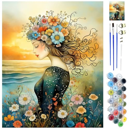 WEBEEDY Kit de Peinture sur Toile de Fleurs de Femmes Kit de Peinture sur Toile pour Adultes Débutants avec Instructions, Kits d'Art et d'Artisanat pour Adultes Décoration d'Intérieur, 40x50cm