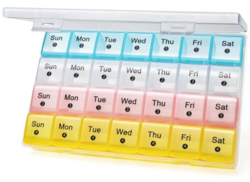 FHORAIN Tablettenbox 28 Tage mit 28 Fächern Pillendose, Medikamentenbox Monat für 4 Wochen, Wöchentlicher Vitamin-Organizer, Mehrfarbig (Weiße Gehäuse + Multicolor)