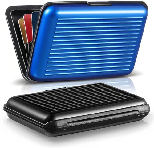 PYEUIFT 2 Pièces Porte Carte de Crédit en Aluminium, Porte Carte Bancaire Aluminium, Porte Cartes Anti-RFID, Etui Carte, 6 Slots pour Vos Cartes de Crédit, pour Hommes et Femmes(Bleu/Noir)