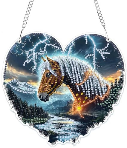 MOGTAA 5D Pferd Diamond Painting Anhänger, Landschaft Diamond Painting mit Kette Kinder Erwachsene, Diamant Painting Fensterbilder, Hängende Ornament Bastelset Set für Wand Und Eingang Decor