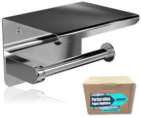 INNOOVEE Portarrollos Papel Higiénico Adhesivo sin Taladro o con Tornillos,Acero Inoxidable con Estante,Incluye Tacos y Embellecedores,Diseño Moderno para Baño,Soporte Papel Higiénico Anticorrosión