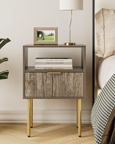 HEYZOEY Bedside Table Bedside Cabinet with 1 Open Shelf And 1 Drawer,Modern Boho Bedside Table for Bedroom,Living Room,Grey