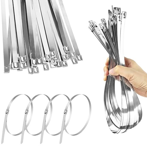 Aramanara 30 Pcs 10 x 600 mm Stainless Steel Cable Ties, Long Metal Zip Tie | Heavy Duty Self-Locking Thick Zip Ties, Long Metal Cable Ties for Industrial Strapping Pipes Outdoor UV Resistant(Silver)