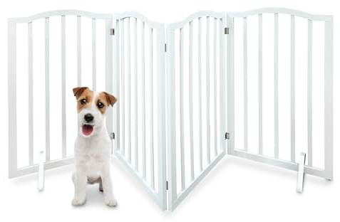 IvoQ Valla de seguridad plegable de madera para mascotas – Valla independiente sin taladrar – 4 paneles (46–185,5 cm) – MDF blanco – Barrera para perro y gato para puerta, pasillo o cocina