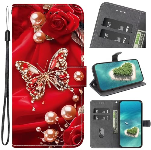 Lederhülle für Sony Xperia 1 V 2023 Hülle Schutzhülle Wallet Handyhülle Leder Tasche Kartensteckplätzen Stoßfest Schutzhülle Klapphülle für Sony Xperia 1 V 2023,Perlen Schmetterling