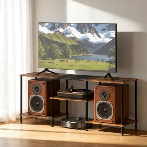UOMIO Wooden TV Stand Cabinet TV Units With 3-Tier Shelf TV Stands for Living Room Adjustable Feet Rustic TV Unit for TVs Under 50 in TV Cabinet for Bedrooms Living Rooms Apartments (Brown)
