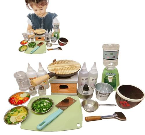 lyanny Echte Kinder-Kochutensilien | Rollenspiel Küchenutensilien Pädagogisches Spielzeug Spielset,Mini-Herdbrenner, Echte Lebensmittel-Kochutensilien, Gewürzflaschen,Zum Kochen Von Gerichten