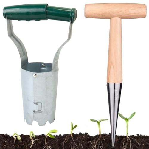 Demlaka Set di 2 piantine di bulbi, bulbi per piante, peso leggero, piantagione di cipolle in acciaio inox con manico in legno e piantatrice di cipolle per giardini Bulb Plant