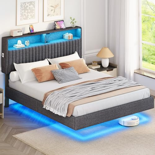 Seventable Rolanstar Metallbett 140x200 cm mit LED-Beleuchtung, Schwebendes Design, Stabil & Robust, Einfache Montage, Grau – Ohne Matratze.