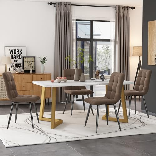 SACOOL Essgruppe 117×68cm, Rechteckiger Esstisch Moderner Küchentisch Set mit 4 Stühlen, Esszimmerstuhl Braun Samt Küchenstuhl, Golden Tischbeine